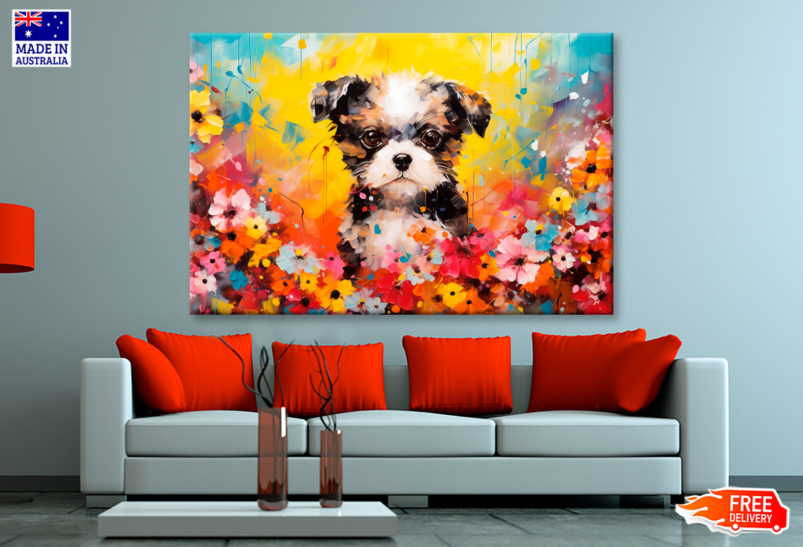 Dog In Flower Blossom Atmosphere Colorful Oil Painting Wall Art Limited Edition High Quality Print