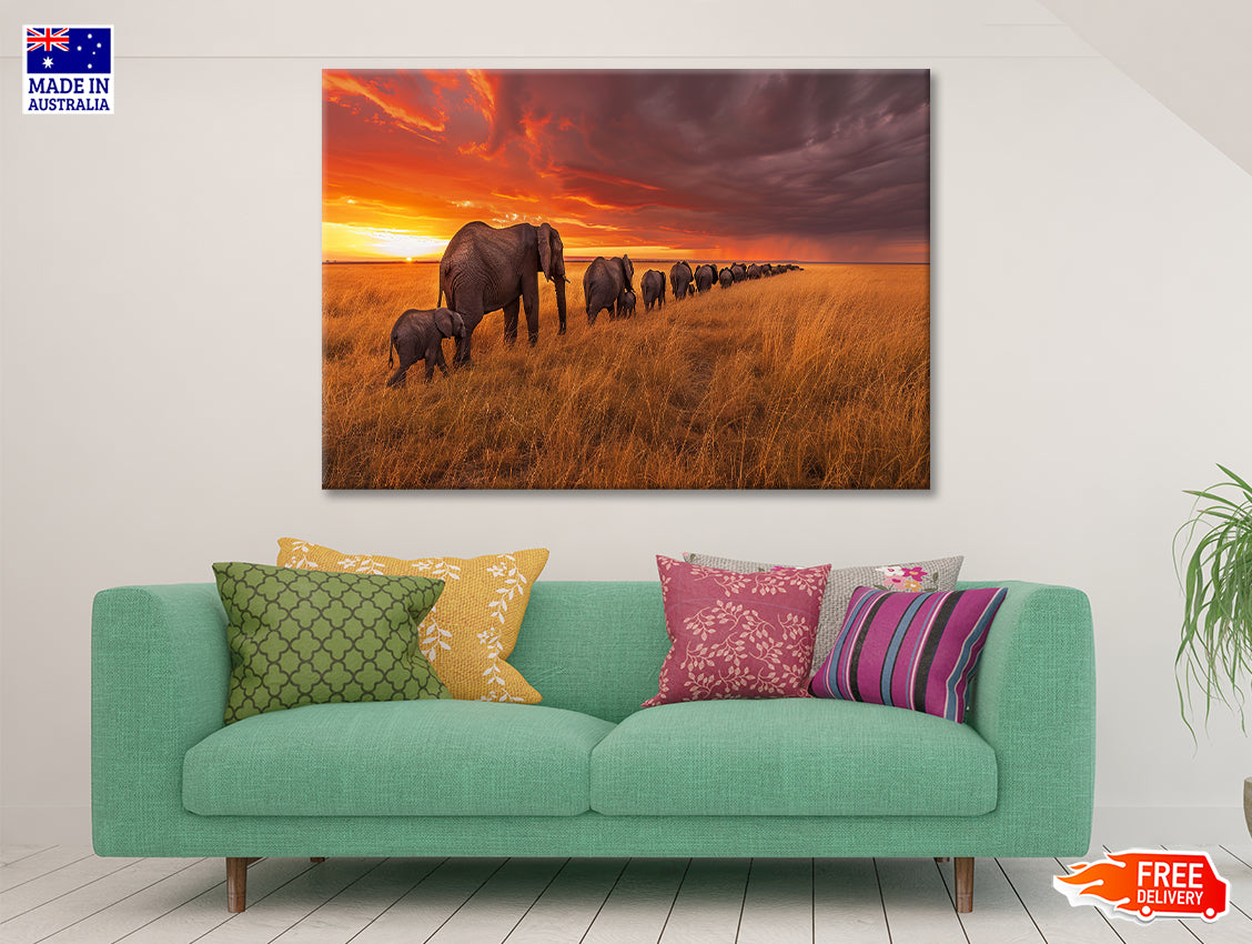 A Herd of Elephants Moving Across an Open Field Print 100% Australian Made