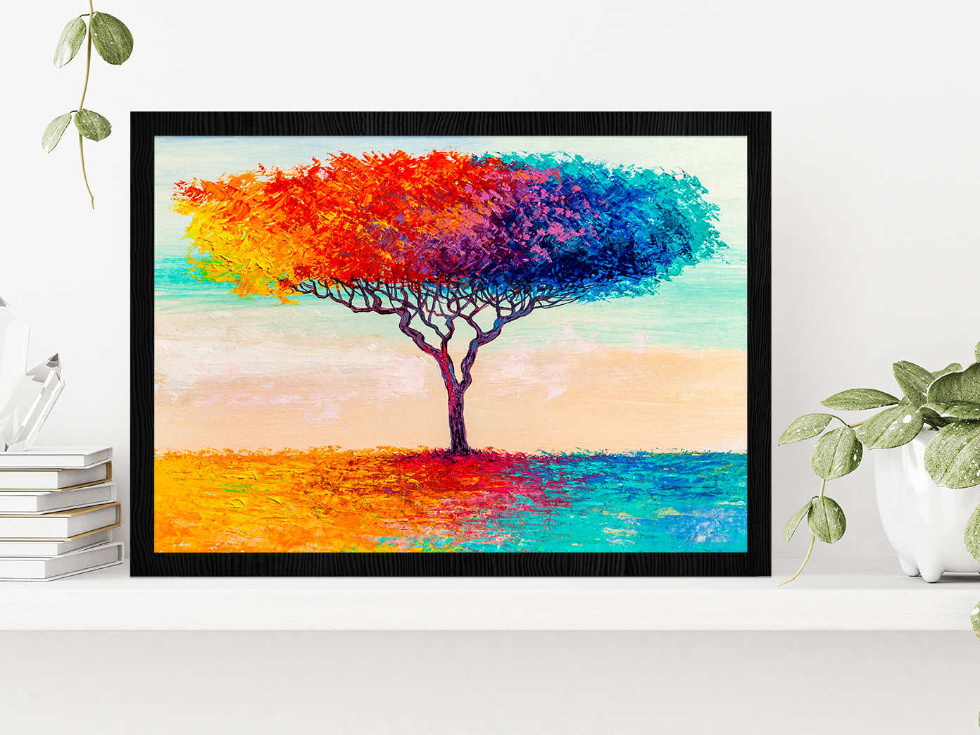 Blue, Red, Yellow Abstract Colorful Tree Glass Framed Wall Art, Ready to Hang Quality Print Without White Border Black