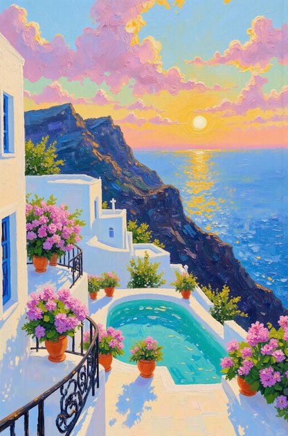 Santorini Cliff Pool Ocean Sunset 60x90cm Metal Print Ready to Hang