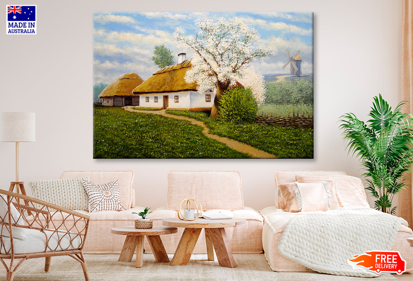 Spring Tree near Old Village Houses Oil Painting Wall Art Limited Edition High Quality Print