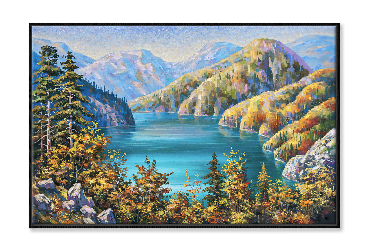 Picturesque Lake Ritsa in Late Autumn Oil Painting Wall Art Limited Edition High Quality Print Canvas Box Framed Black