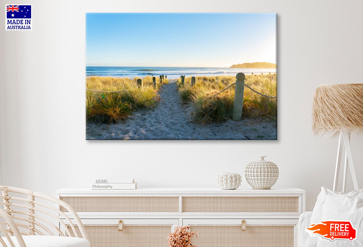 Bollards And Grassy Dunes Leading to Beach Wall Art Decor 100% Australian Made