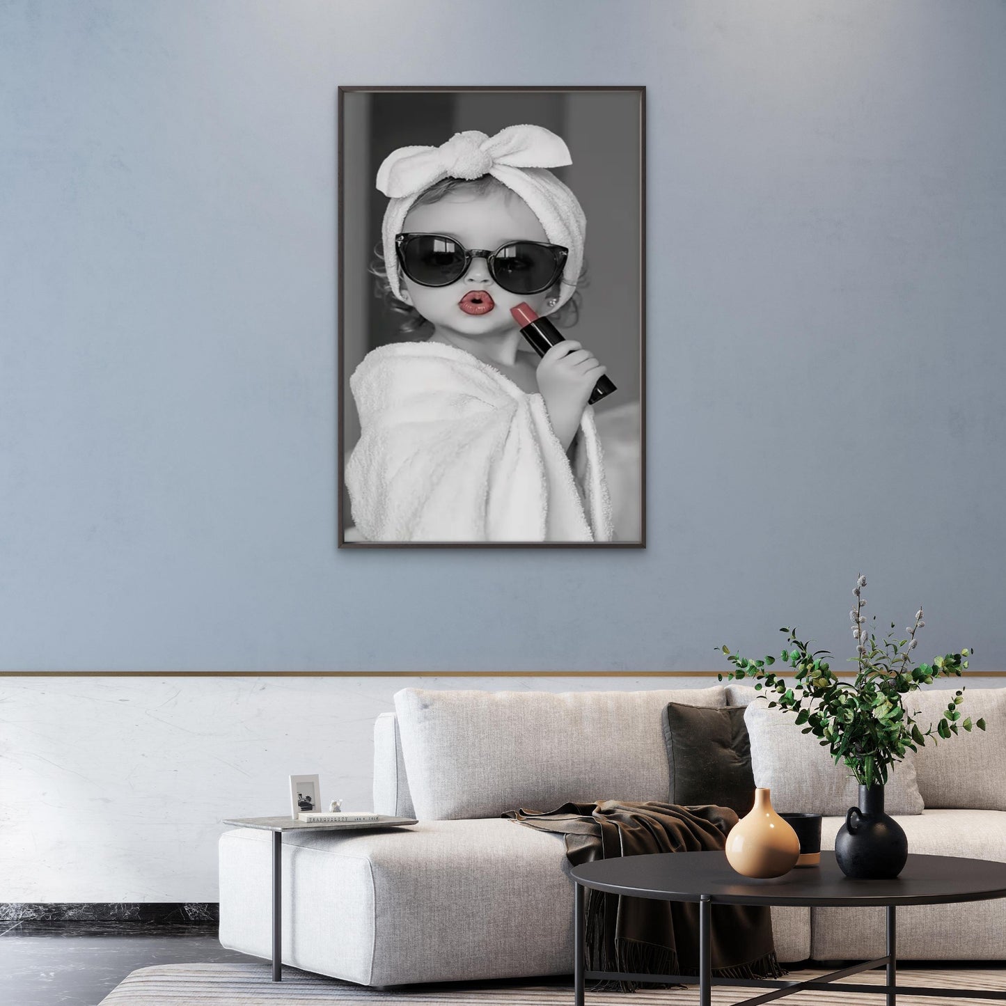 Black and White Kid with Red Lipstick and Towel Fashion Home Decor Premium Quality Poster Print Choose Your Sizes