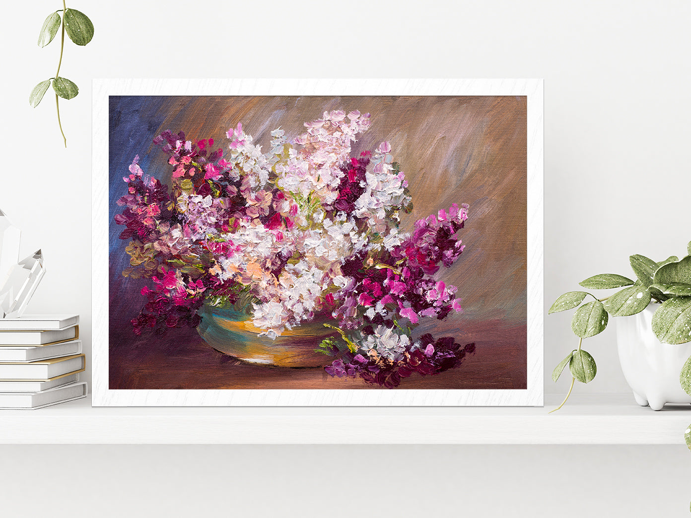 Bouquet Of Lilac Flower Vase, Colorful Still Life Glass Framed Wall Art, Ready to Hang Quality Print Without White Border White