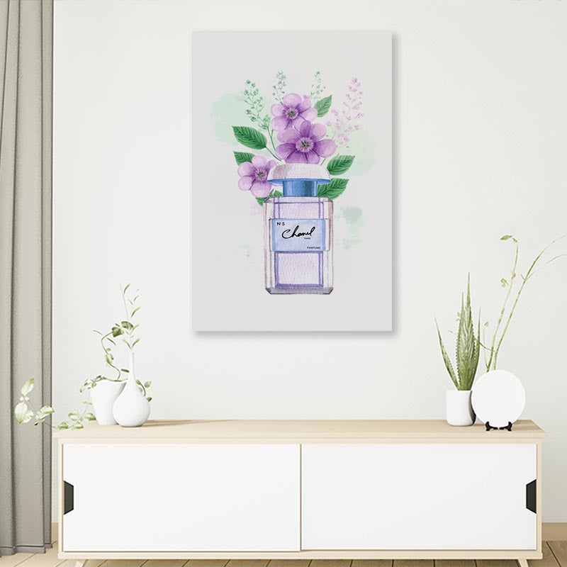 Purple Perfume with Green Leaves 3D Design Acrylic Glass Print Tempered Glass Wall Art 100% Made in Australia Ready to Hang