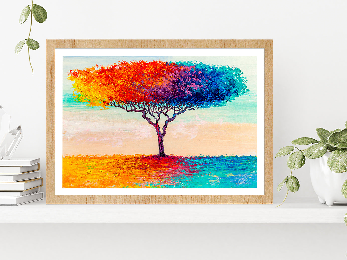 Blue, Red, Yellow Abstract Colorful Tree Glass Framed Wall Art, Ready to Hang Quality Print With White Border Oak