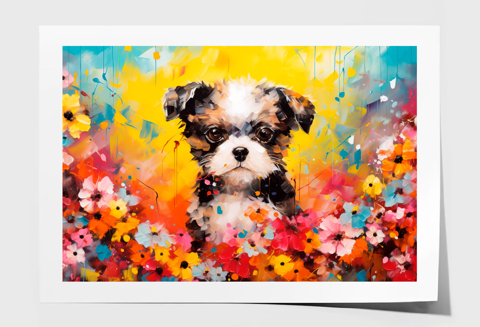 Dog In Flower Blossom Atmosphere Colorful Oil Painting Wall Art Limited Edition High Quality Print Unframed Roll Canvas None