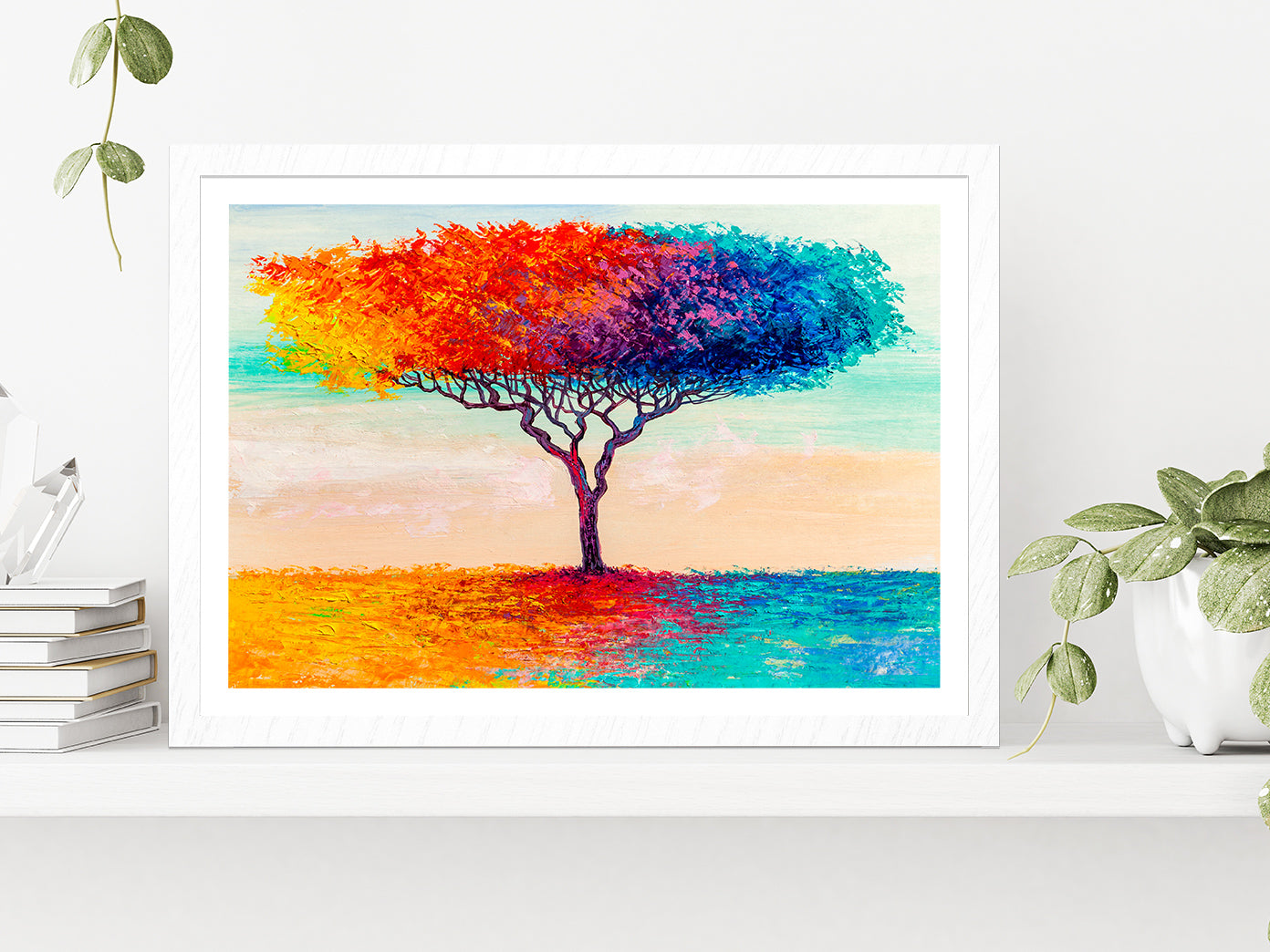 Blue, Red, Yellow Abstract Colorful Tree Glass Framed Wall Art, Ready to Hang Quality Print With White Border White