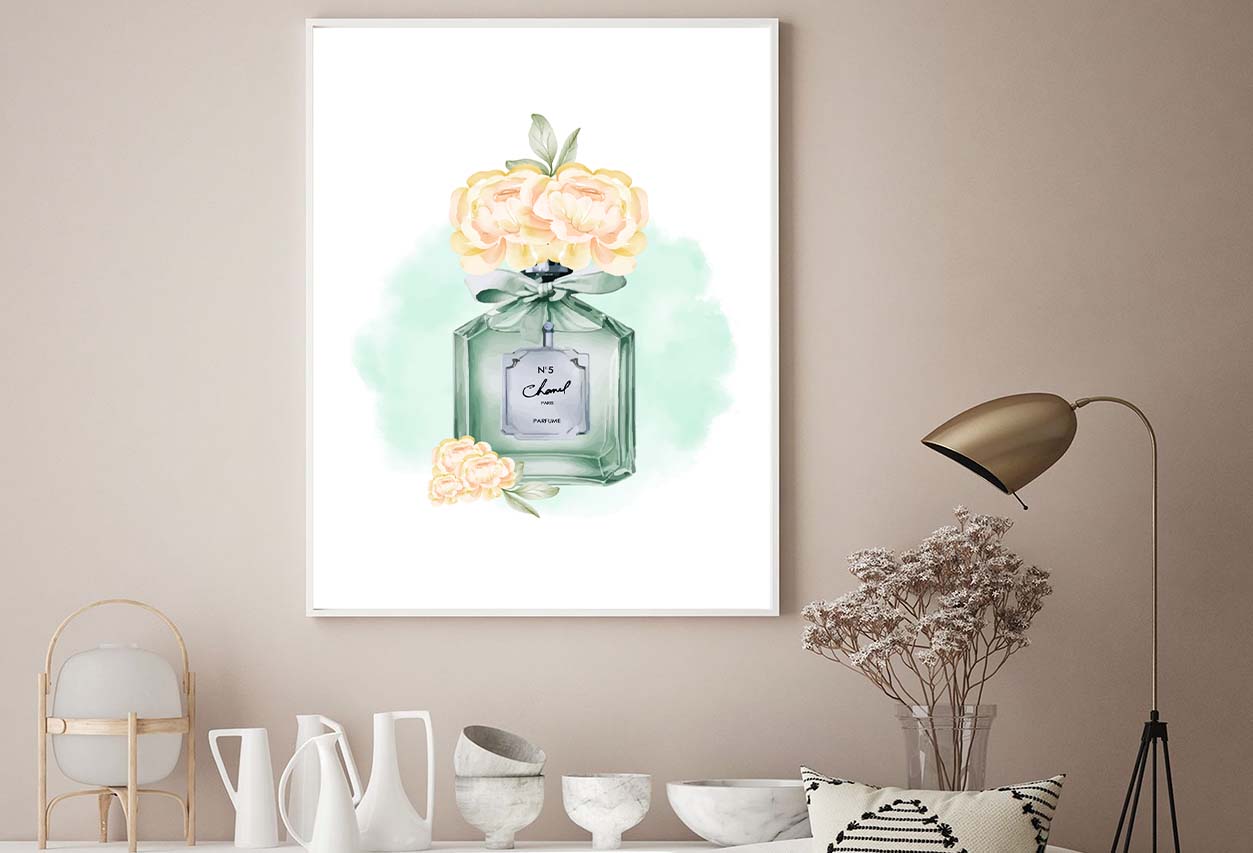 Green Elegant Perfume with Yellow Shaded Flowers Design Home Decor Premium Quality Poster Print Choose Your Sizes