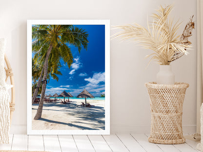 Tropical Beach in Maldives with Palm Trees Photograph Glass Framed Wall Art, Ready to Hang Quality Print Without White Border White