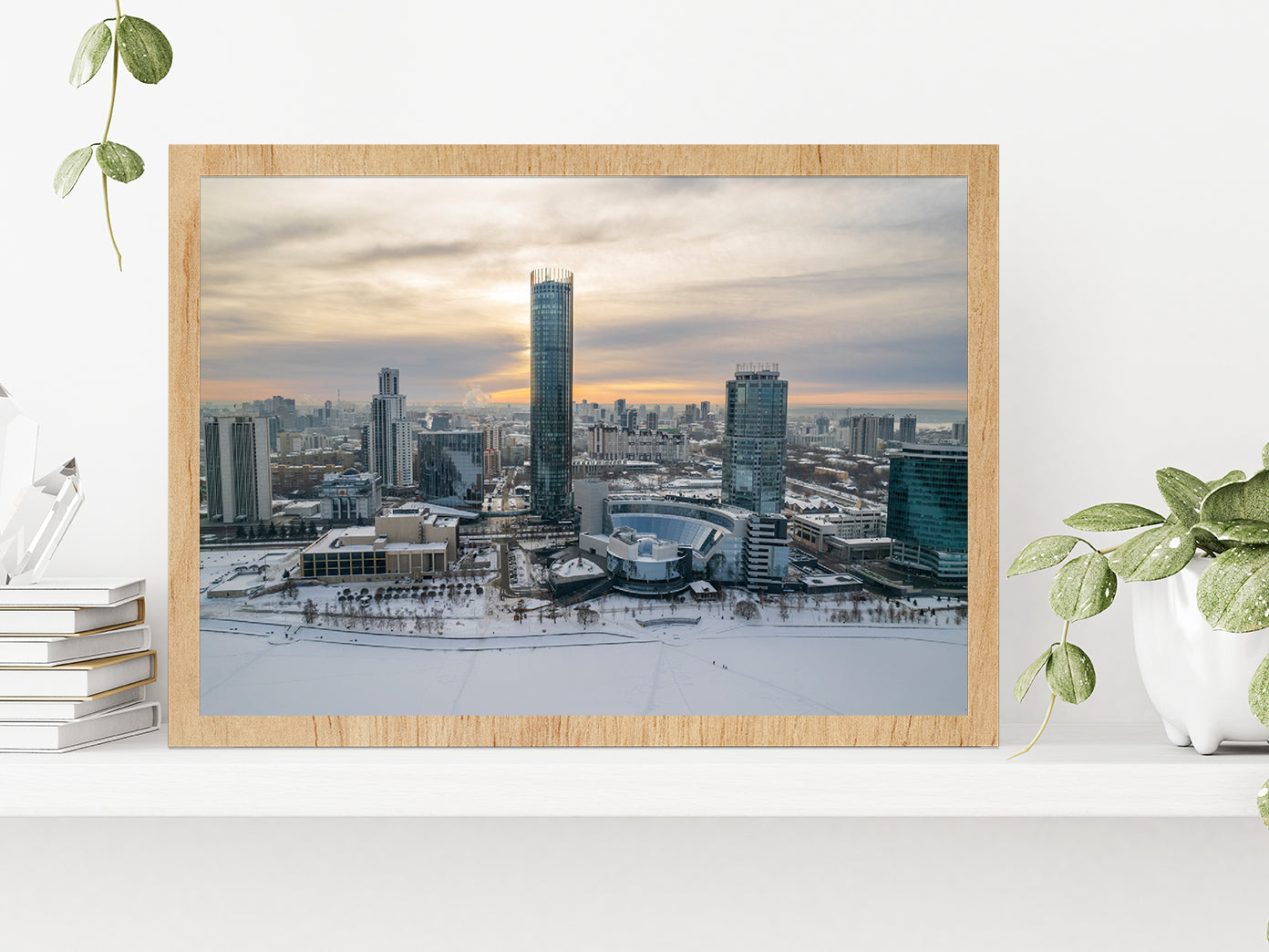 Yekaterinburg Cityscape In Winter Glass Framed Wall Art, Ready to Hang Quality Print Without White Border Oak