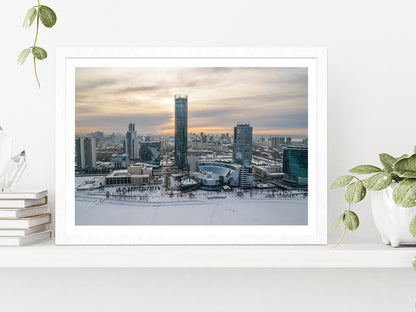 Yekaterinburg Cityscape In Winter Glass Framed Wall Art, Ready to Hang Quality Print With White Border White