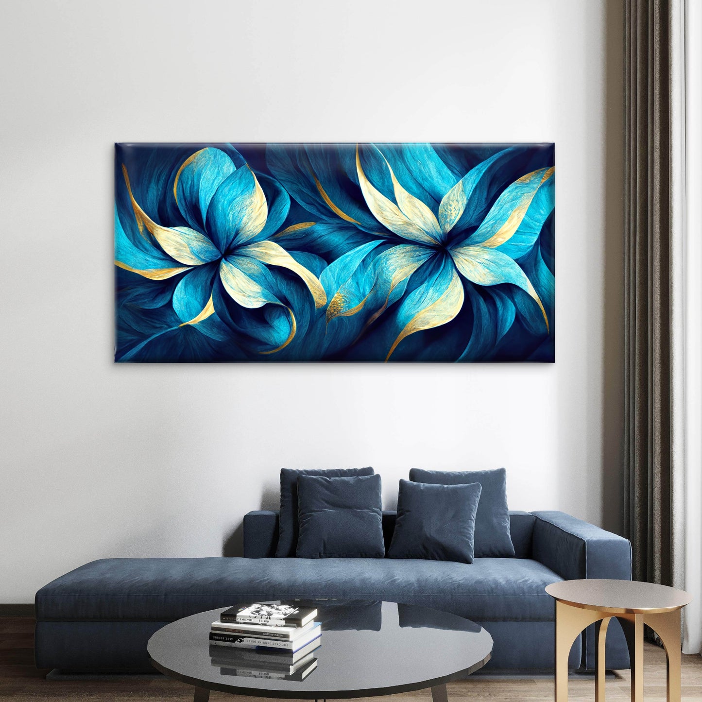 Luxury Teal Gold Floral Petals Wall Art Canvas Office Home Room Framed 120x60cm - Bella Home Decor