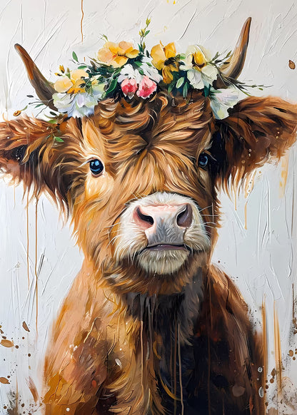 Cow with Flower Crown 40x60cm Metal Print Ready to Hang - Bella Home Decor