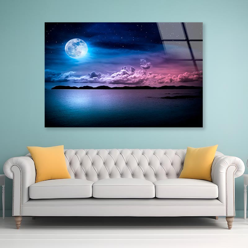 Landscape Of Sky with Full Moon on Seascape to Night Acrylic Glass Print Tempered Glass Wall Art 100% Made in Australia Ready to Hang