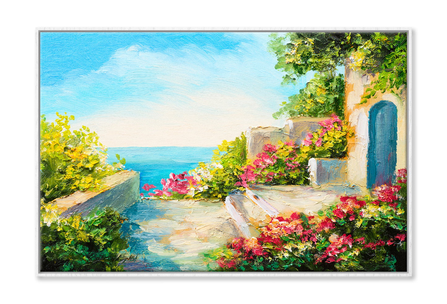 Colorful Flowers In House Garden & Near The Sea Oil Painting Wall Art Limited Edition High Quality Print Canvas Box Framed White