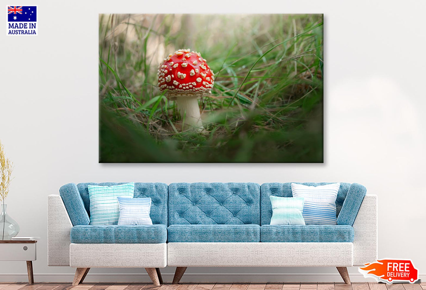 Amanita Muscaria. Close-Up Of Fly Agaric Close-Up Of Toadstool on Grass Wall Art Decor 100% Australian Made