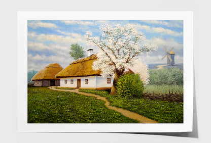 Spring Tree near Old Village Houses Oil Painting Wall Art Limited Edition High Quality Print Unframed Roll Canvas None