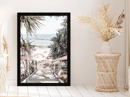 Wooden Pier & Trees near Rocky Beach Glass Framed Wall Art, Ready to Hang Quality Print Without White Border Black