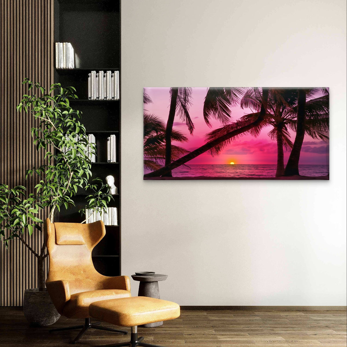 Tropical Pink Sunset Beach Palm Tree Wall Art Canvas Office Home Framed 120x60cm