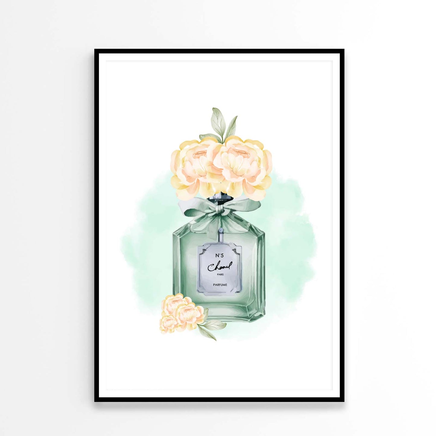 Green Elegant Perfume with Yellow Shaded Flowers Design Home Decor Premium Quality Poster Print Choose Your Sizes