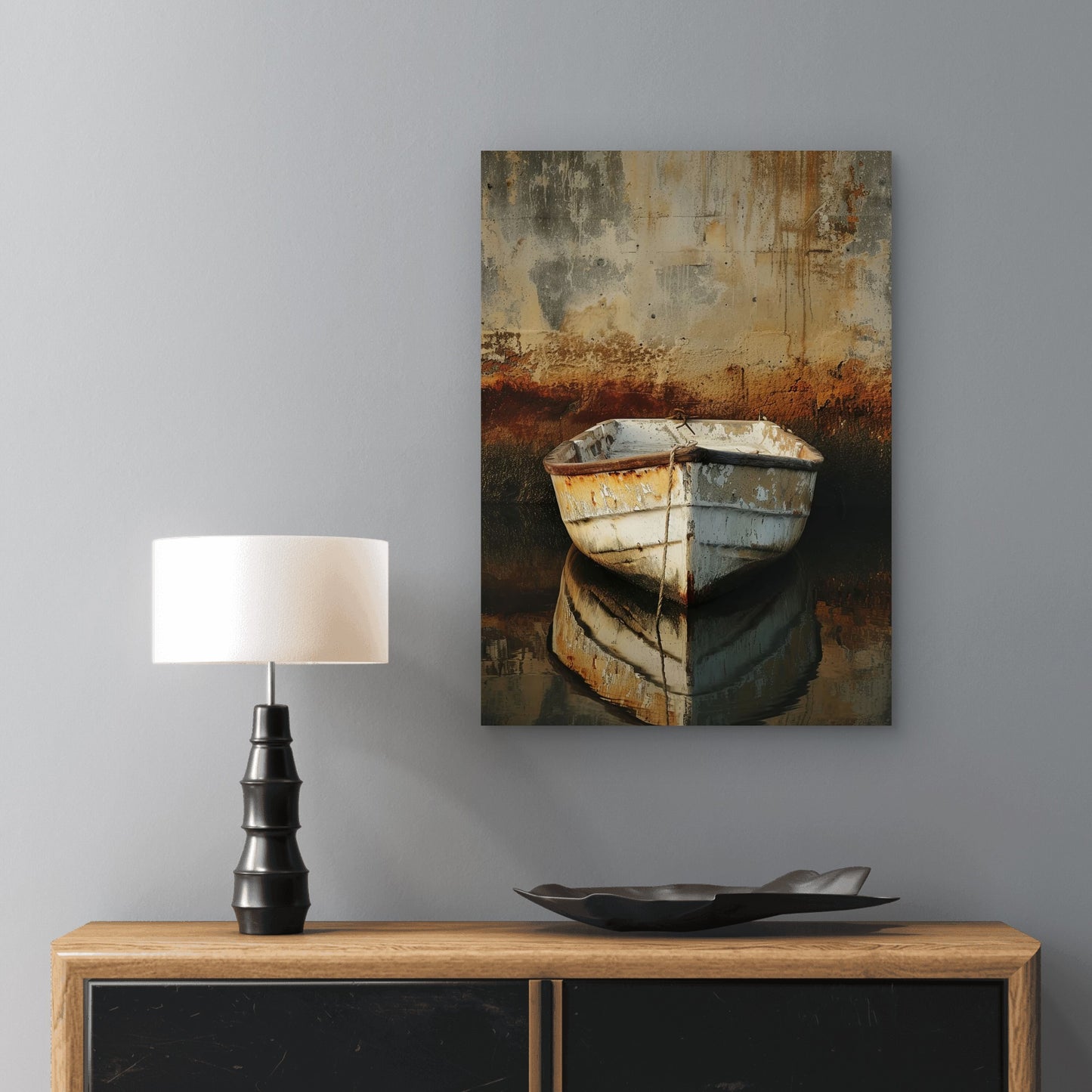 Rustic White Rowboat Reflection 40x60cm Metal Print Ready to Hang