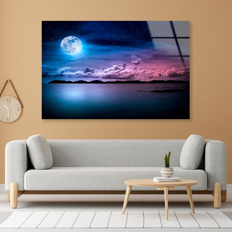 Landscape Of Sky with Full Moon on Seascape to Night Acrylic Glass Print Tempered Glass Wall Art 100% Made in Australia Ready to Hang