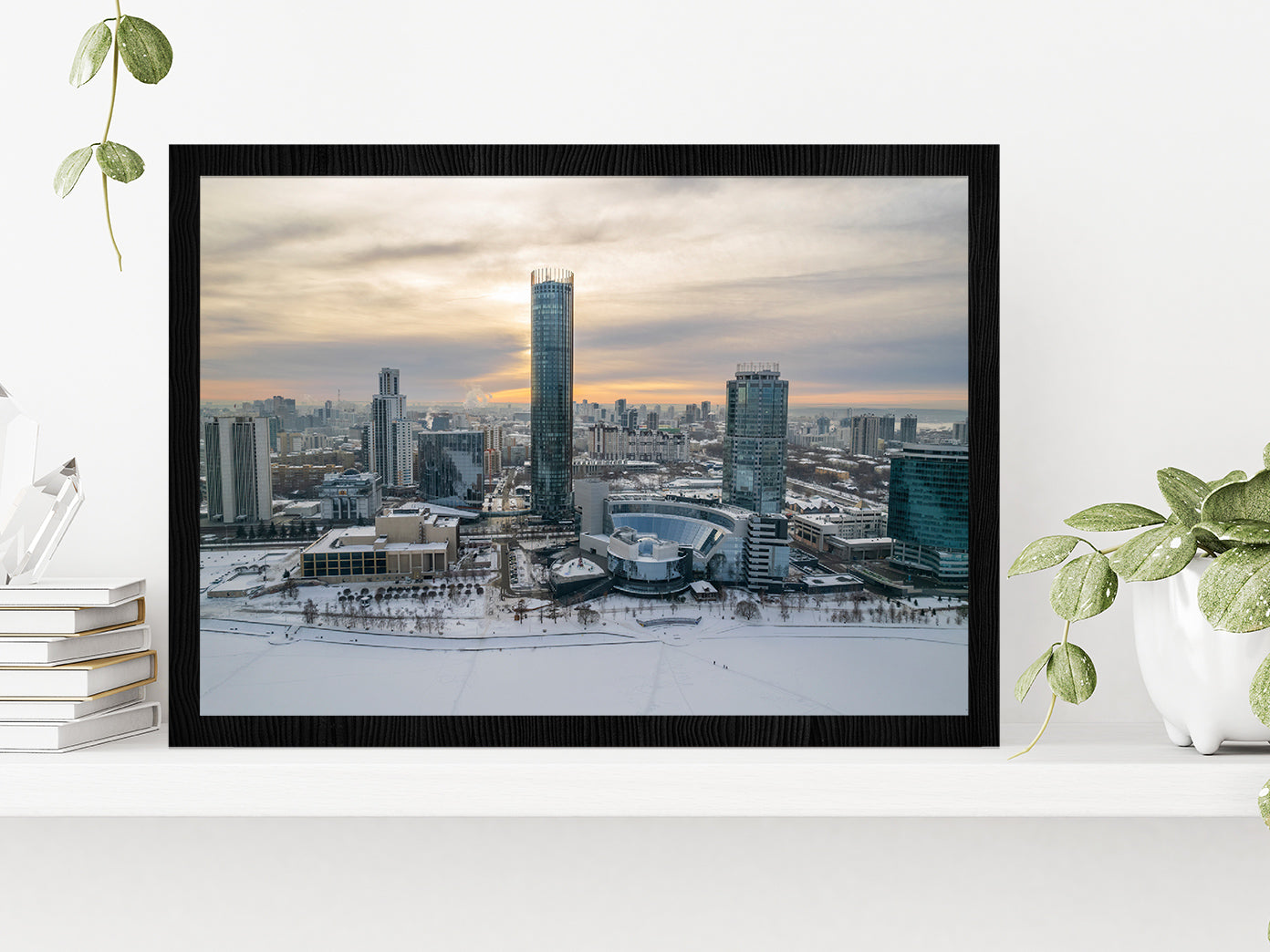 Yekaterinburg Cityscape In Winter Glass Framed Wall Art, Ready to Hang Quality Print Without White Border Black