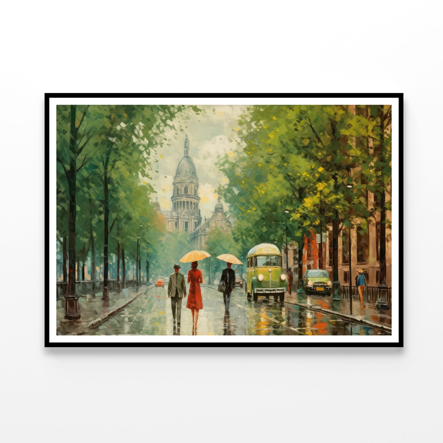 Painting Of People Walking Holding Umbrellas in the Rain in a City Home Decor Premium Quality Poster Print Choose Your Sizes