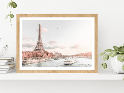 Eiffel Tower & Paris Lake View Faded Photograph Glass Framed Wall Art, Ready to Hang Quality Print With White Border Oak