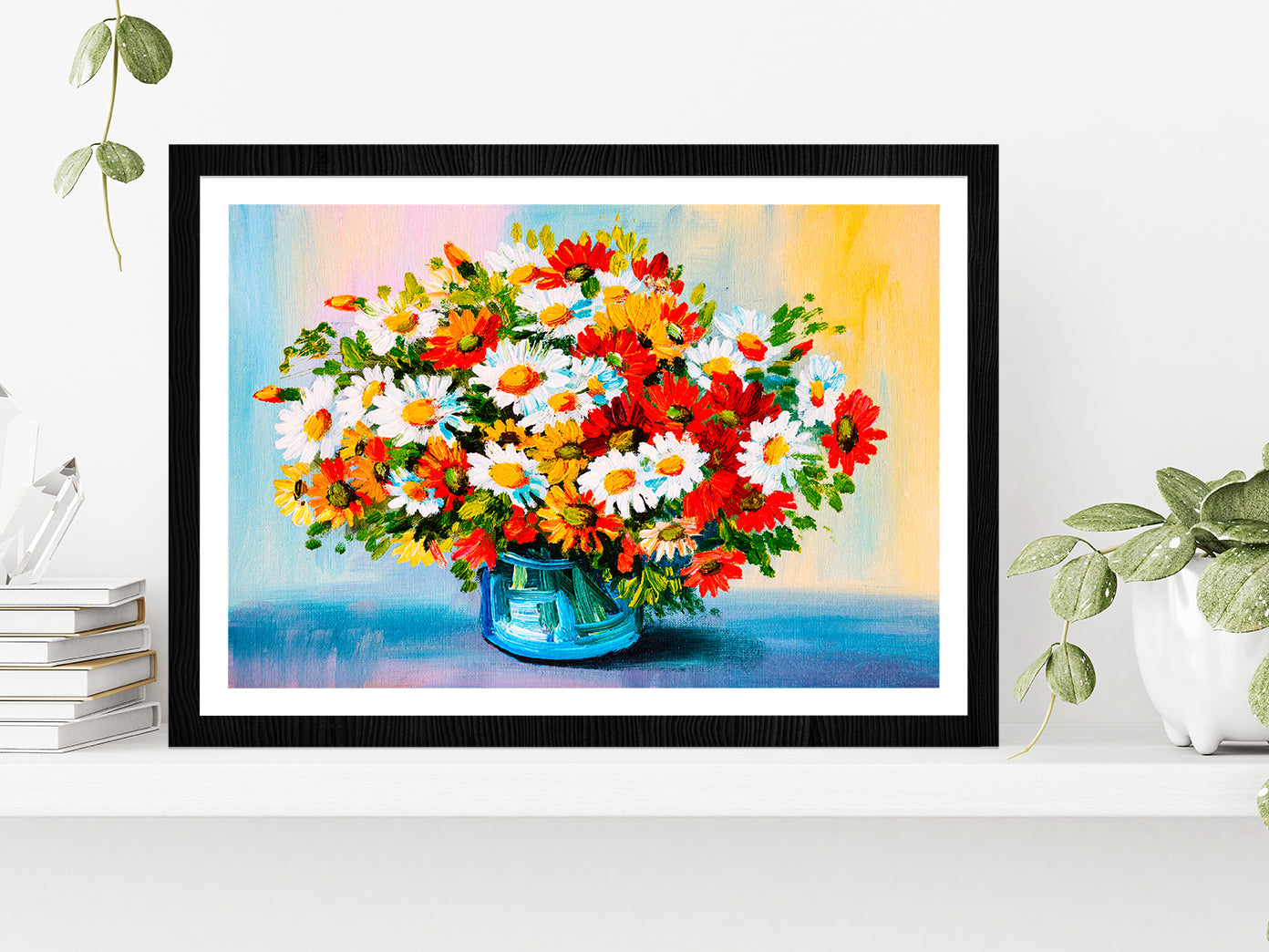 Bouquet Of Flowers Oil Painting Glass Framed Wall Art, Ready to Hang Quality Print With White Border Black