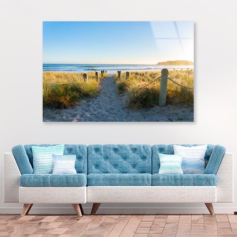 Bollards And Grassy Dunes Leading to Beach Acrylic Glass Print Tempered Glass Wall Art 100% Made in Australia Ready to Hang - Bella Home Decor
