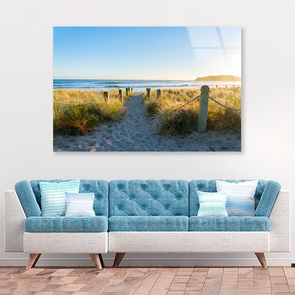 Bollards And Grassy Dunes Leading to Beach Acrylic Glass Print Tempered Glass Wall Art 100% Made in Australia Ready to Hang - Bella Home Decor