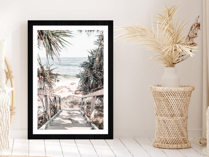 Wooden Pier & Trees near Rocky Beach Glass Framed Wall Art, Ready to Hang Quality Print With White Border Black