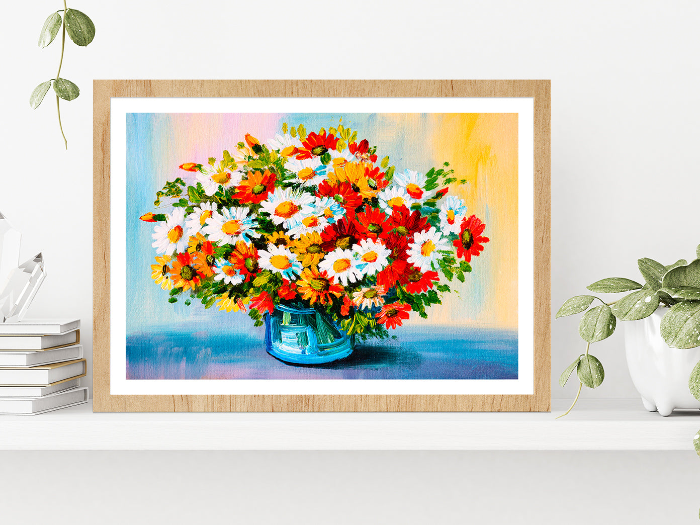 Bouquet Of Flowers Oil Painting Glass Framed Wall Art, Ready to Hang Quality Print With White Border Oak