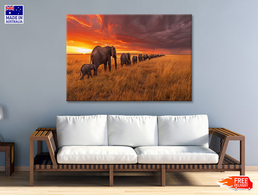 A Herd of Elephants Moving Across an Open Field Print 100% Australian Made