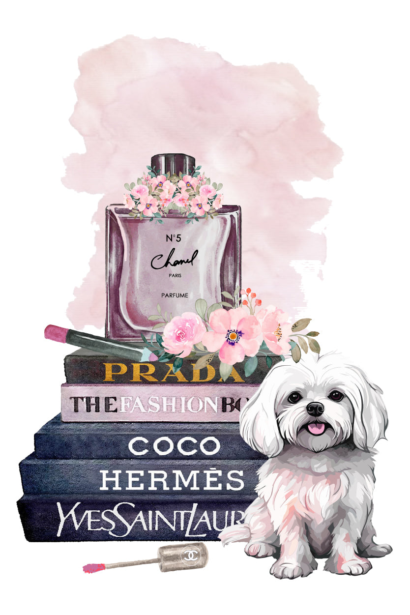 Pink Perfume with Maltese Dog Painting Print 100% Australian Made