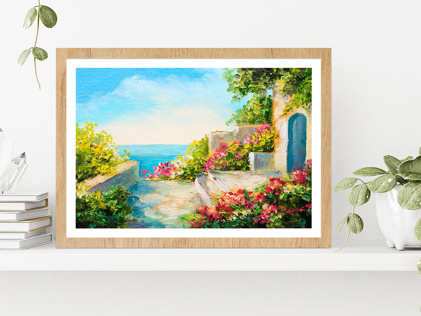 Colorful Flowers In House Garden & Near The Sea Glass Framed Wall Art, Ready to Hang Quality Print With White Border Oak