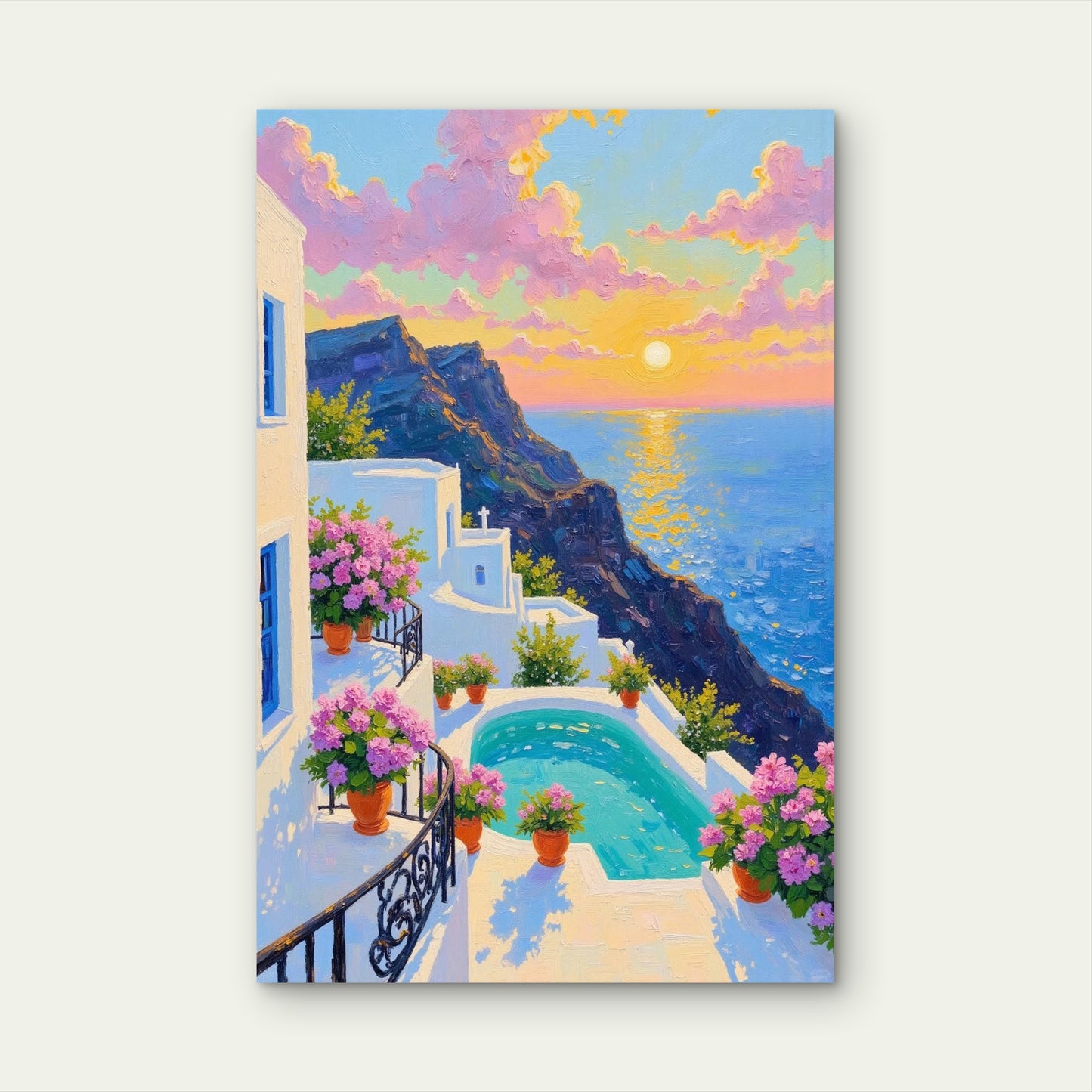Santorini Cliff Pool Ocean Sunset 60x90cm Metal Print Ready to Hang