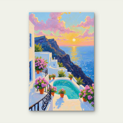 Santorini Cliff Pool Ocean Sunset 60x90cm Metal Print Ready to Hang