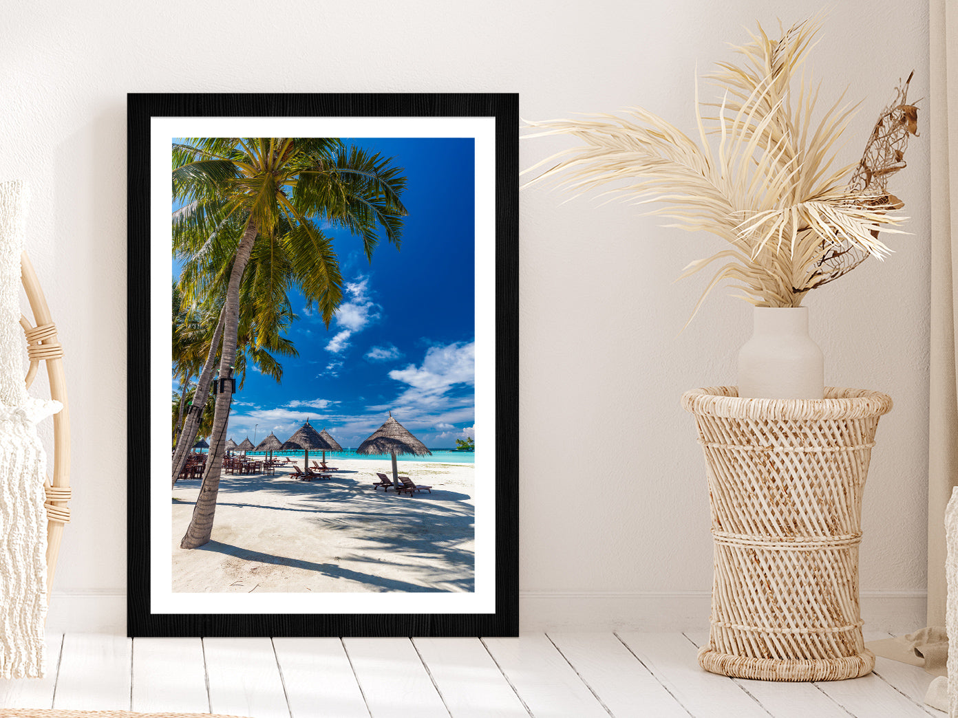 Tropical Beach in Maldives with Palm Trees Photograph Glass Framed Wall Art, Ready to Hang Quality Print With White Border Black