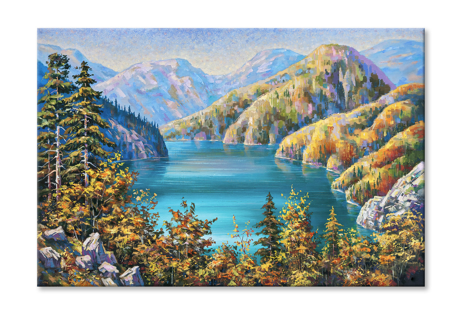 Picturesque Lake Ritsa in Late Autumn Oil Painting Wall Art Limited Edition High Quality Print Stretched Canvas None