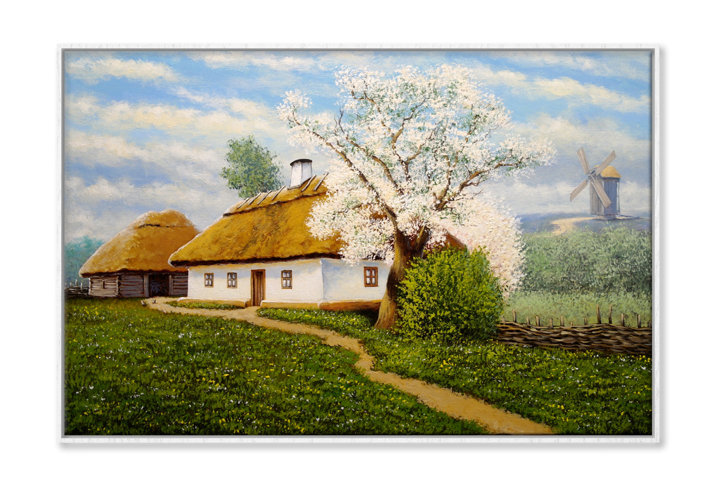 Spring Tree near Old Village Houses Oil Painting Wall Art Limited Edition High Quality Print Canvas Box Framed White