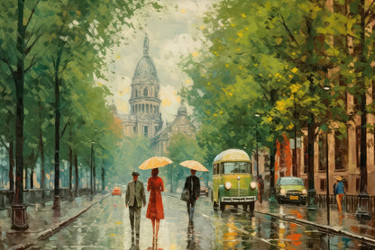 Painting Of People Walking Holding Umbrellas in the Rain in a City Home Decor Premium Quality Poster Print Choose Your Sizes