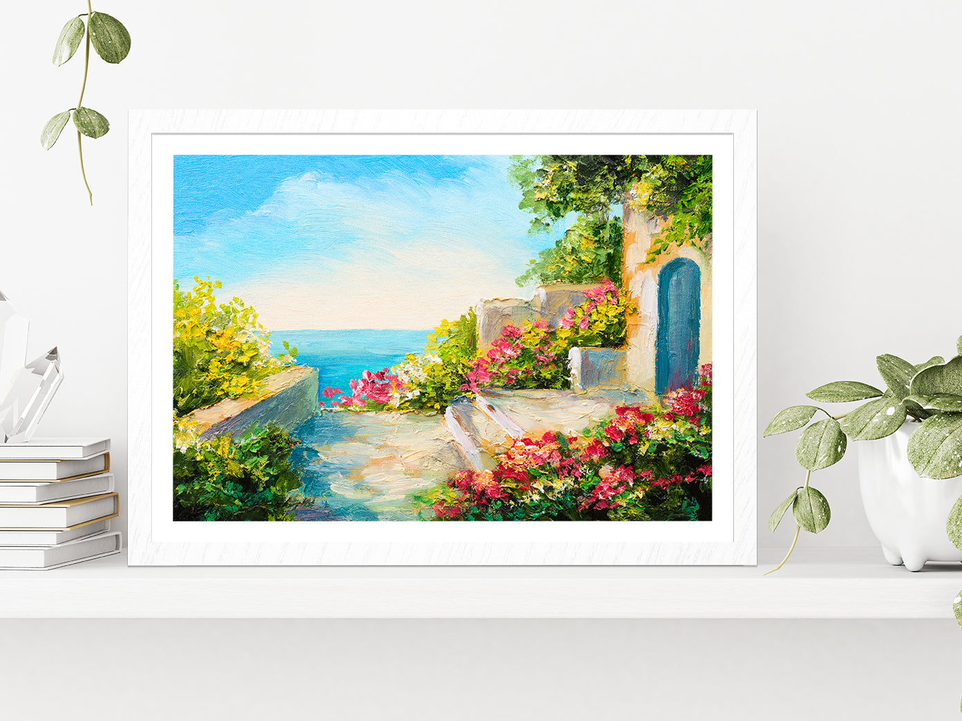 Colorful Flowers In House Garden & Near The Sea Glass Framed Wall Art, Ready to Hang Quality Print With White Border White