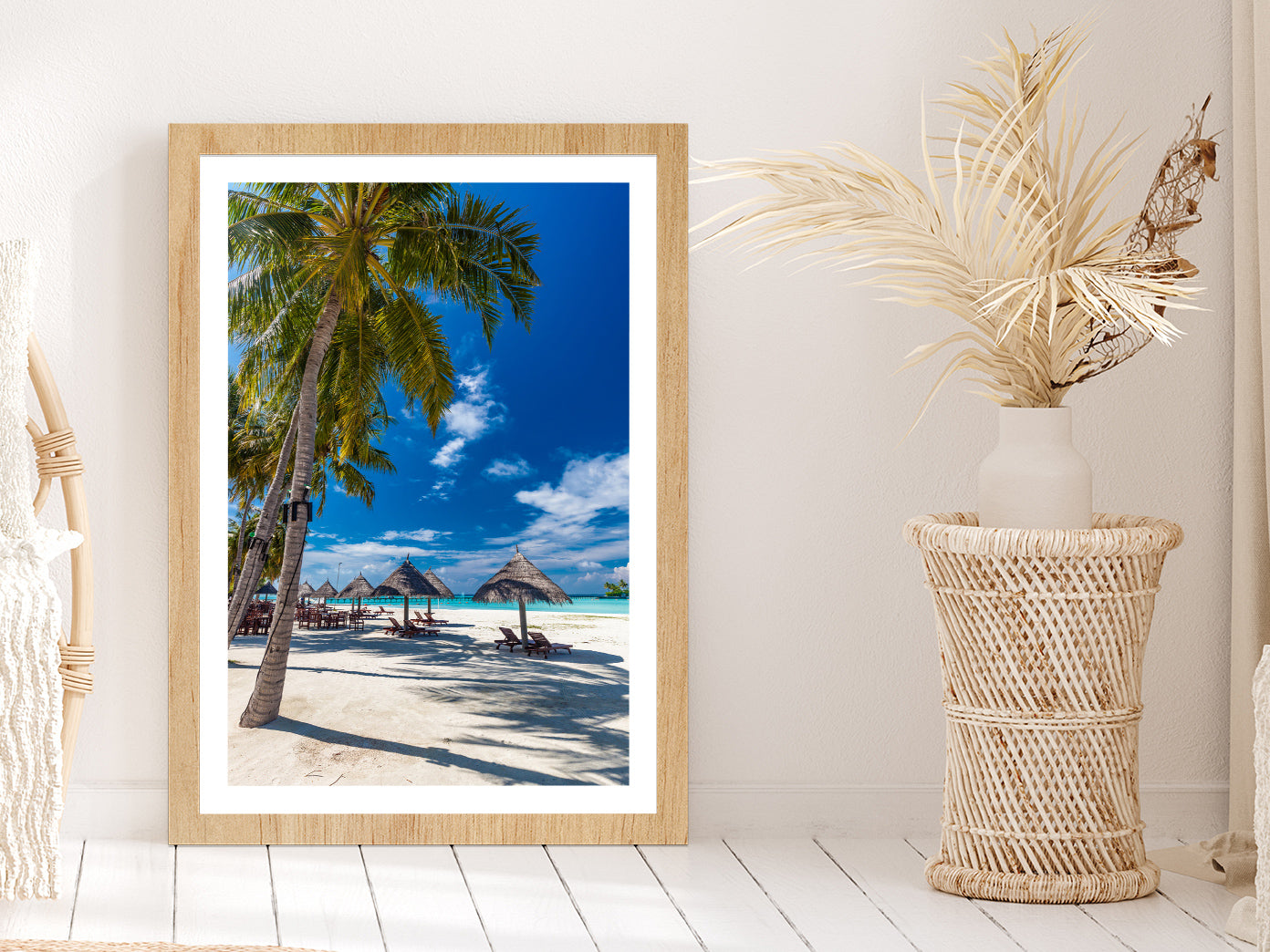 Tropical Beach in Maldives with Palm Trees Photograph Glass Framed Wall Art, Ready to Hang Quality Print With White Border Oak