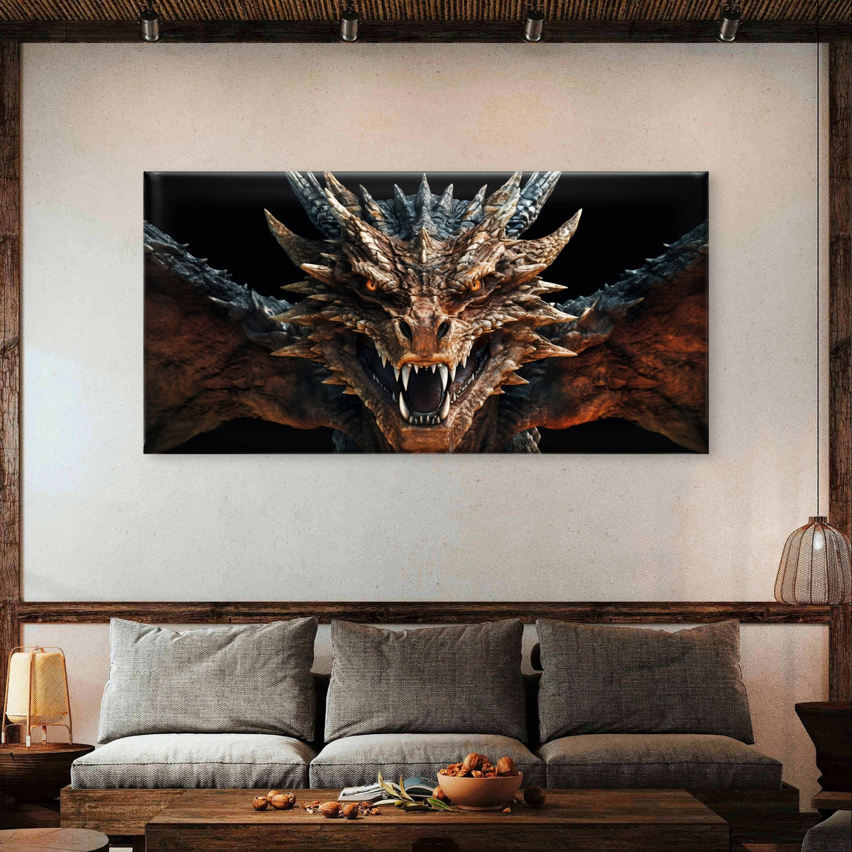 Fierce Fantasy Dragon Head Scale Wings Monster Wall Art Canvas Office Home Framed 120x60cm - Bella Home Decor