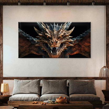 Fierce Fantasy Dragon Head Scale Wings Monster Wall Art Canvas Office Home Framed 120x60cm - Bella Home Decor