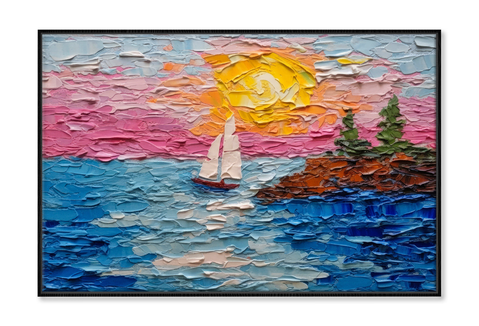 Boats on Sea & Colorful Sky Oil Painting Wall Art Limited Edition High Quality Print Canvas Box Framed Black